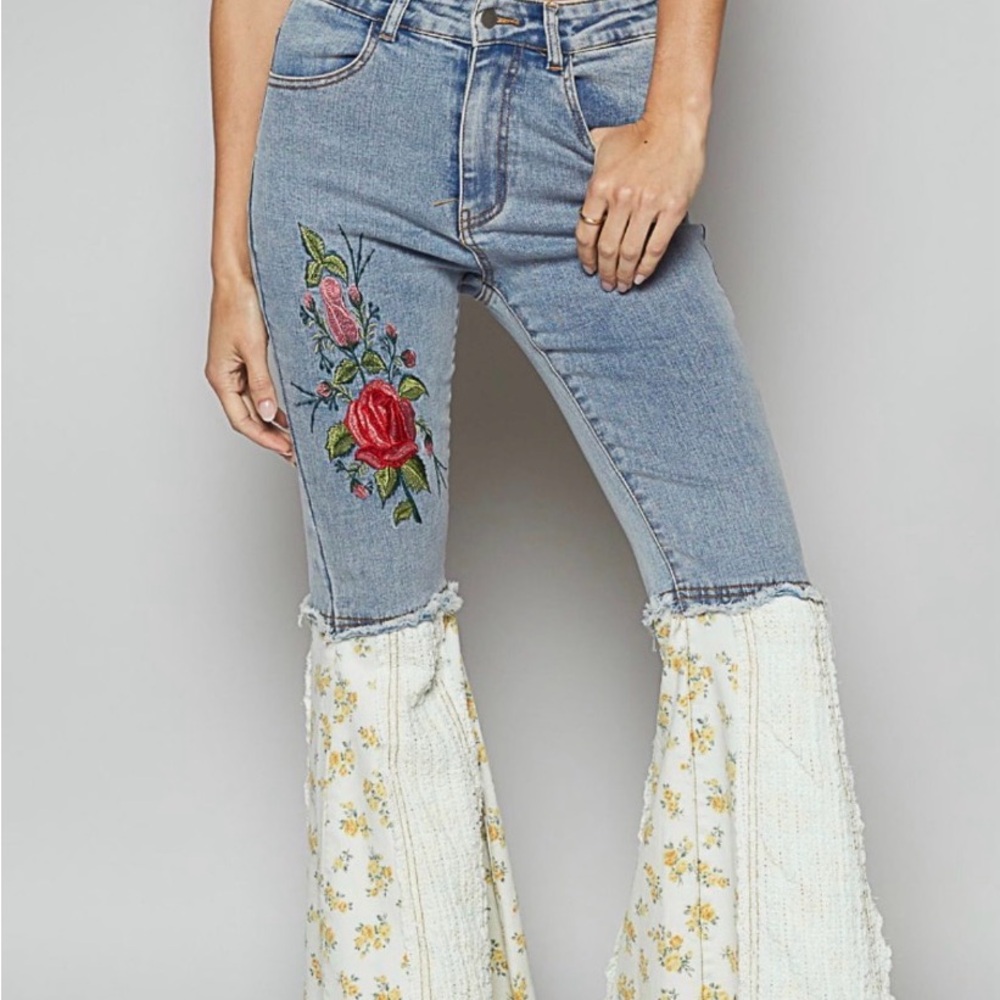 POL Embroidered Patchwork Flare Jeans